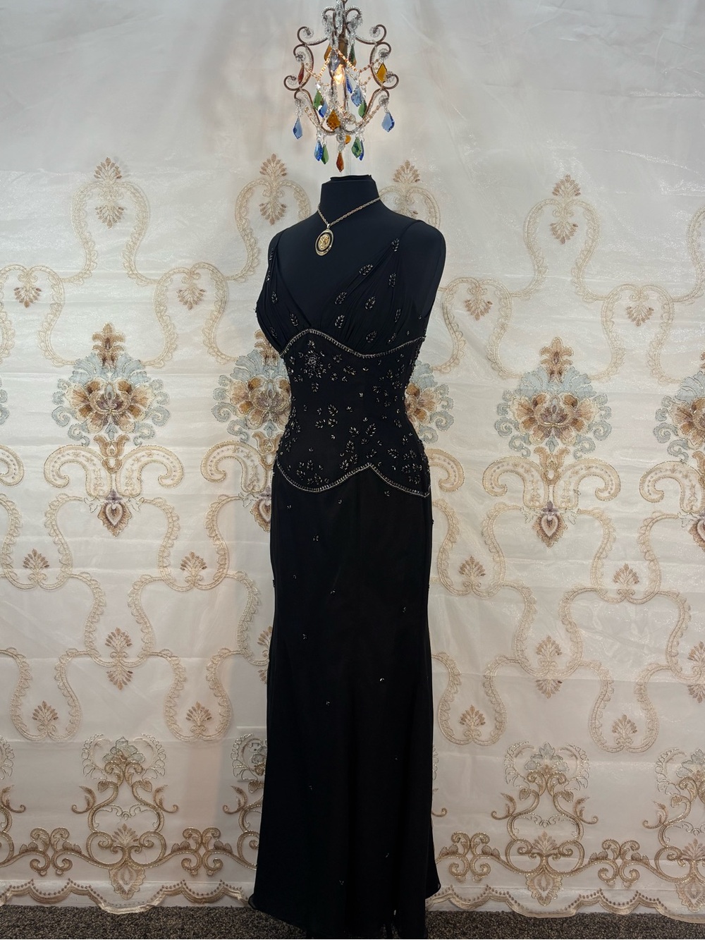 ✨Vintage 90s Whimsigoth Silk Beaded Drop Waist Formal Maxi Dress✨